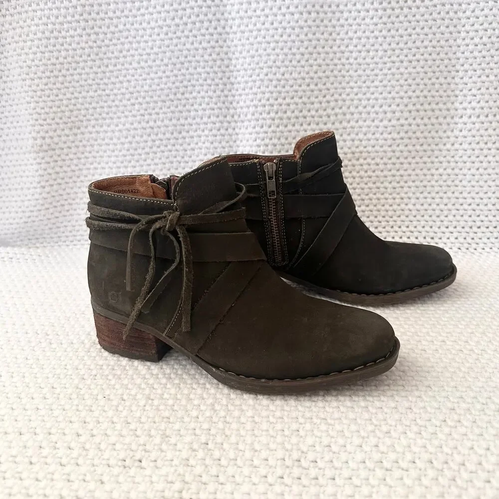 Born Dark Green Olive Suede Montilla Ankle Faux Wrap Inner Zipper Boots 6.5